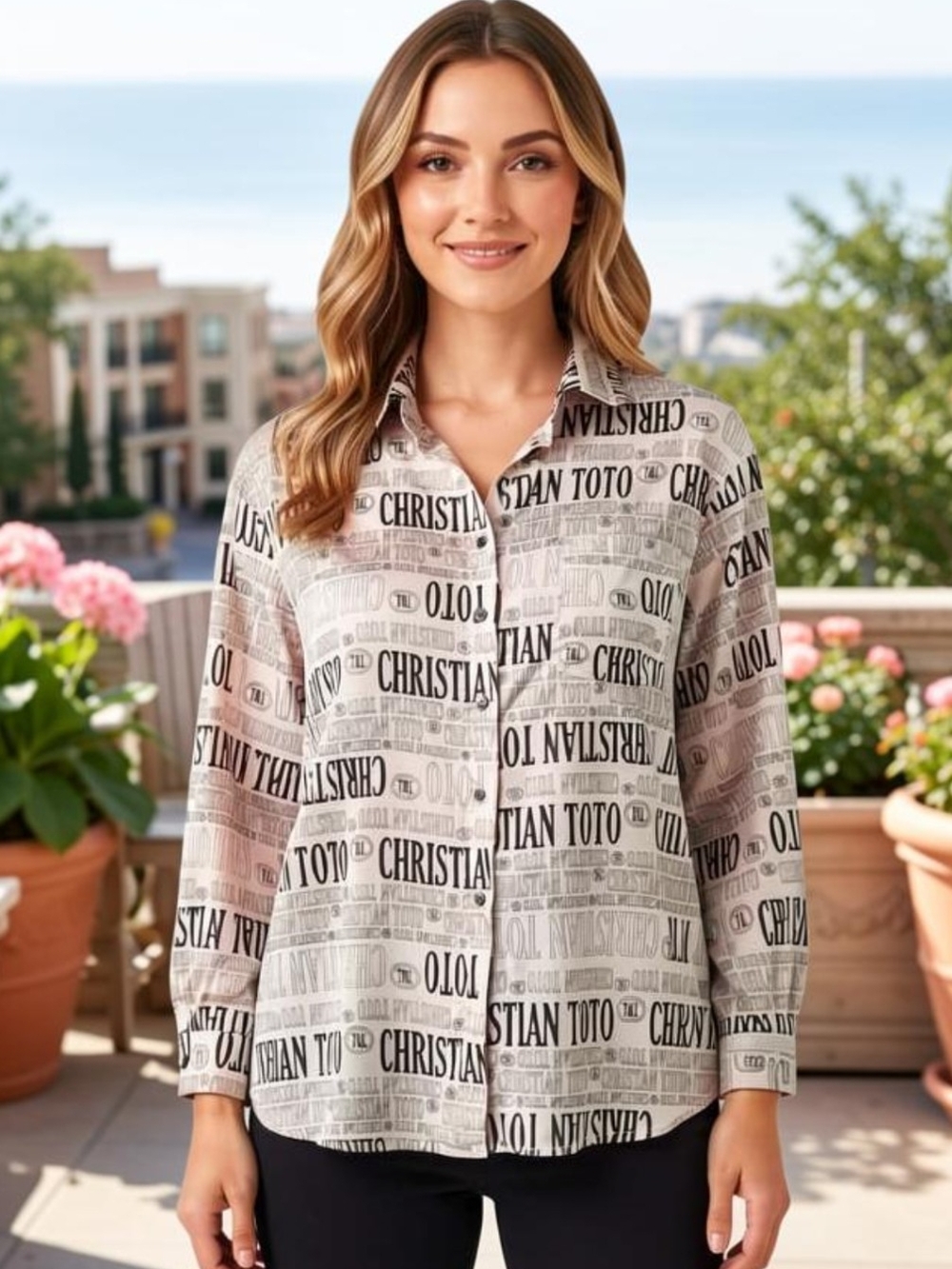 Hera & Christian Toto Monochrome Black & White Script Logo Button-Down Shirt